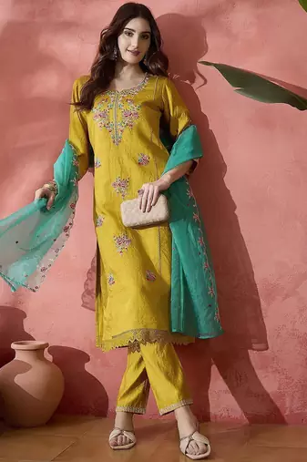 women embroidered kurta with trousers & dupatta