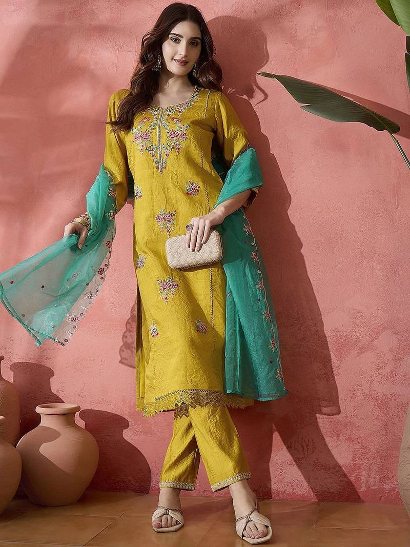 women embroidered kurta with trousers & dupatta