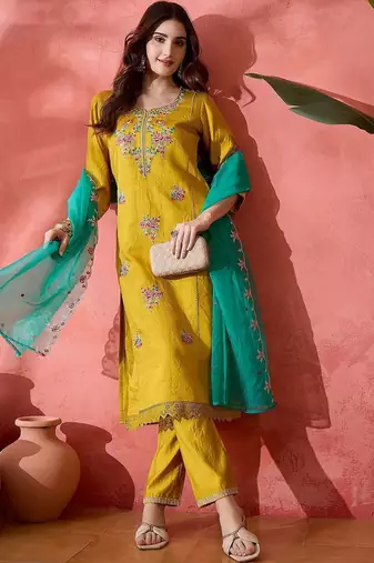 floral embroidered thread work straight kurta with trouser & dupatta