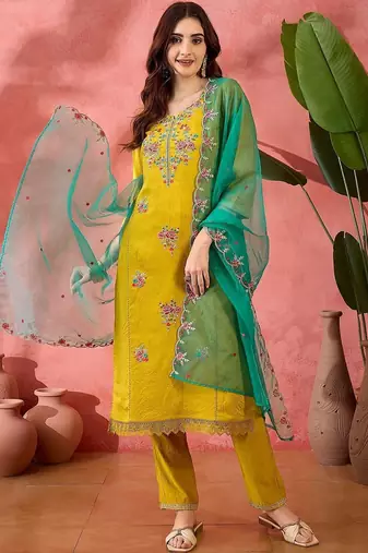 floral embroidered thread work straight kurta with trouser & dupatta
