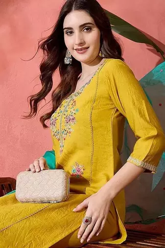 floral embroidered thread work straight kurta with trouser & dupatta