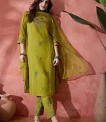 floral embroidered panelled thread work straight kurta with trousers & dupatta