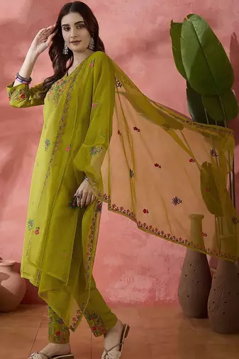 floral embroidered panelled thread work straight kurta with trousers & dupatta
