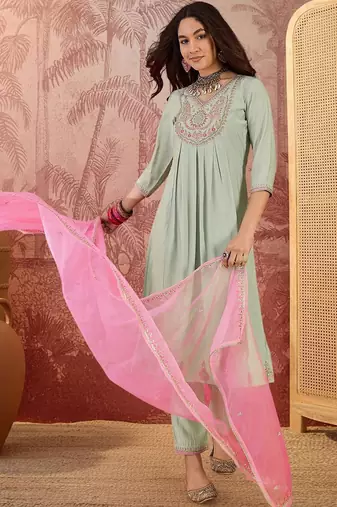 embroidered v-neck kurta & trousers kurta set