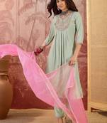embroidered v-neck kurta & trousers kurta set