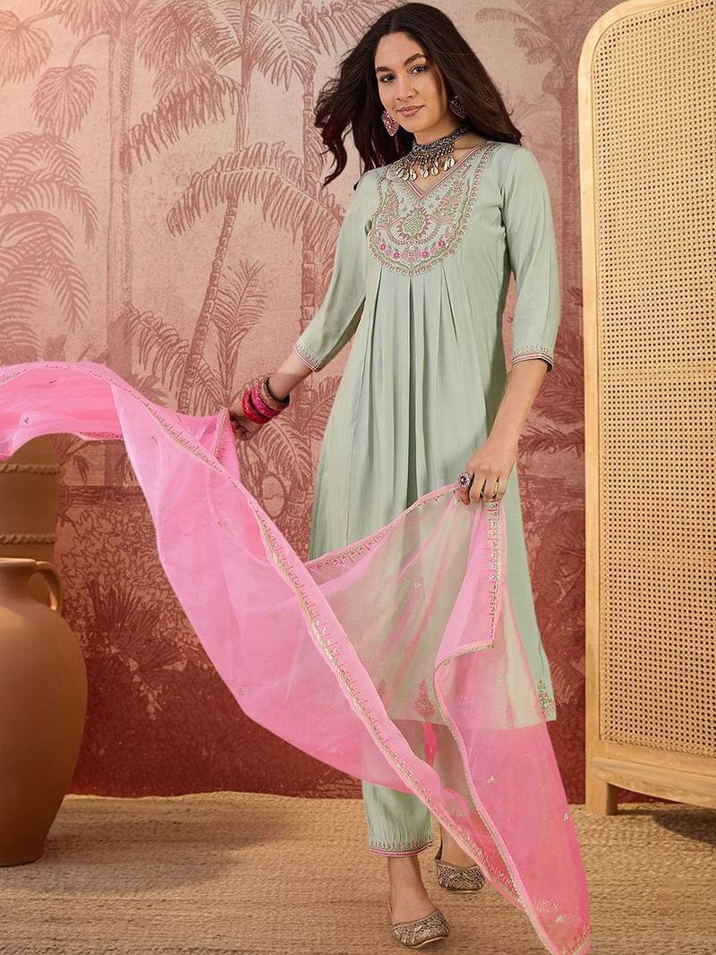 embroidered v-neck kurta & trousers kurta set