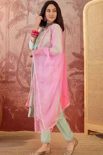 embroidered v-neck kurta & trousers kurta set