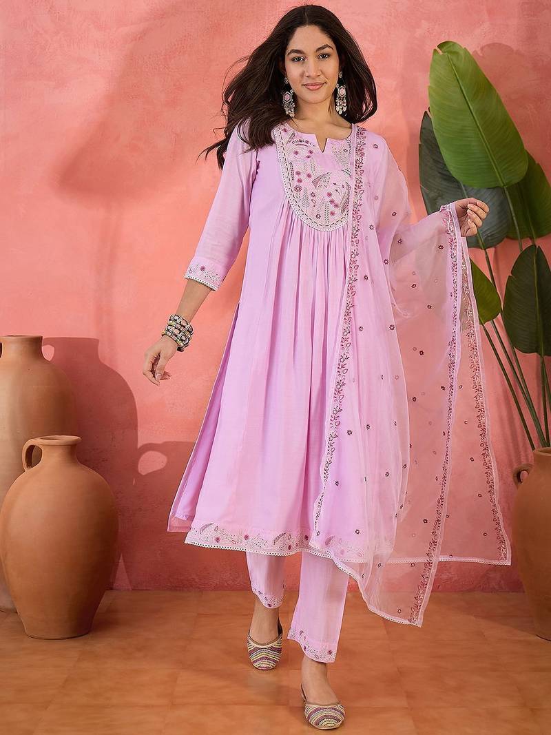 zari floral embroidered notch neck a-line kurta with trousers & dupatta