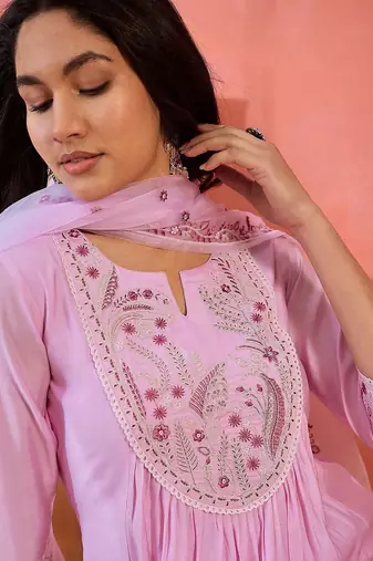 zari floral embroidered notch neck a-line kurta with trousers & dupatta