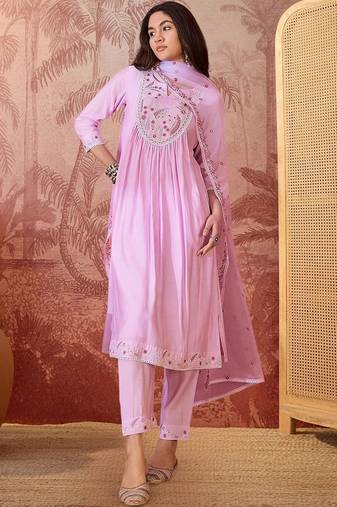 embroidered round neck kurta & trousers kurta set