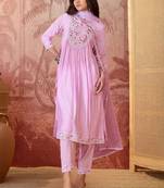 embroidered round neck kurta & trousers kurta set