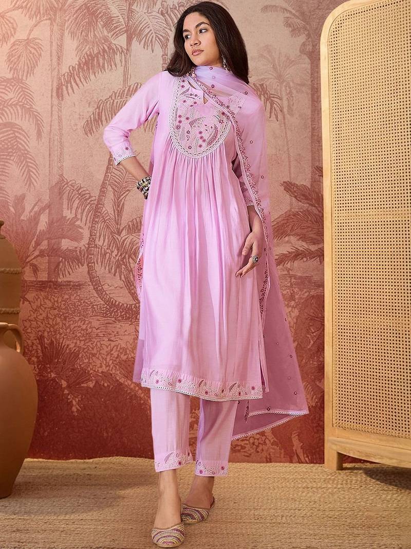 embroidered round neck kurta & trousers kurta set