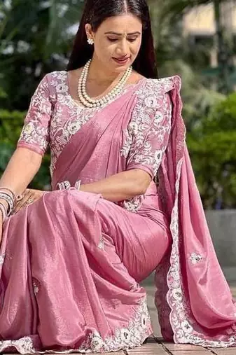 Onion Pink clr Cutwork Saree With Heavy Work Blosue Peice