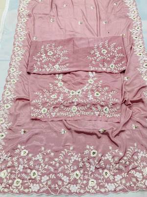 Onion Pink clr Cutwork Saree With Heavy Work Blosue Peice 7