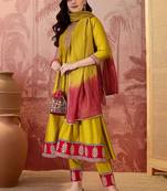 women floral embroidered pleated sequinned kurta with trousers & dupatta
