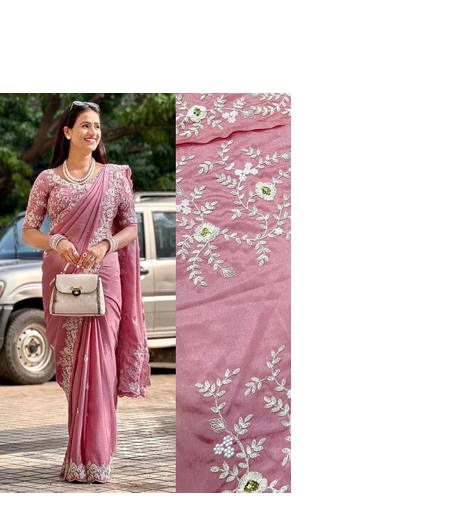 Onion Pink clr Cutwork Saree With Heavy Work Blosue Peice 10