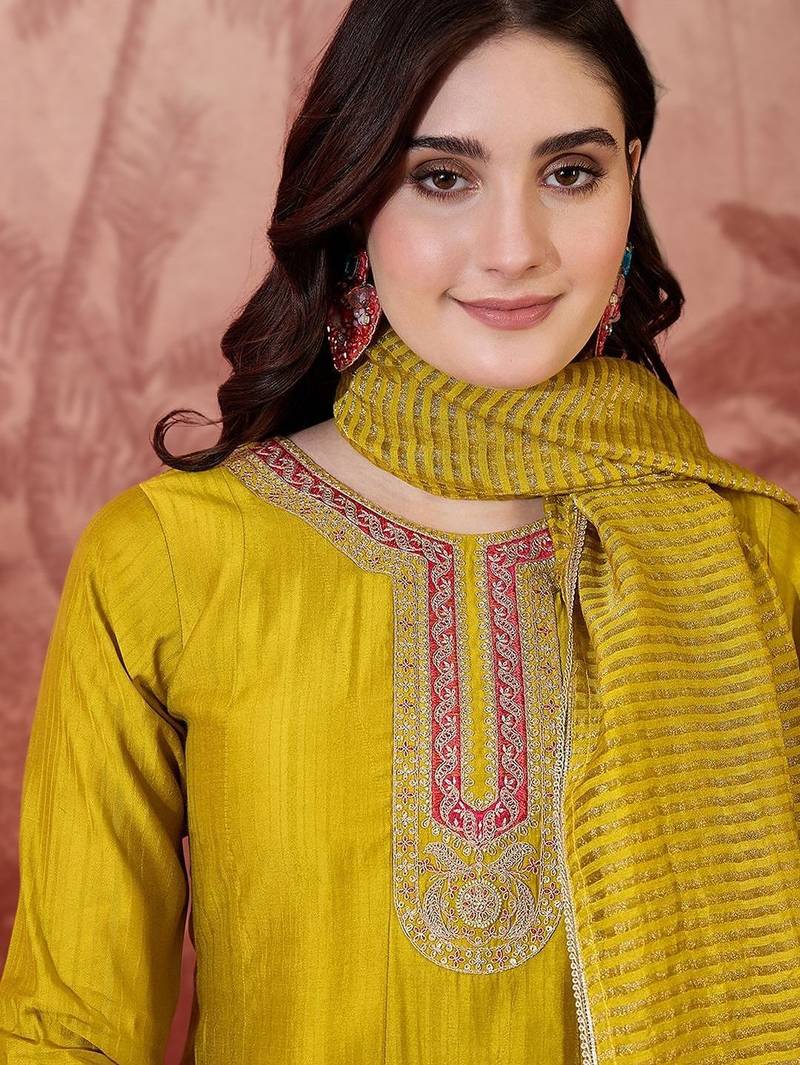 women floral embroidered pleated sequinned kurta with trousers & dupatta