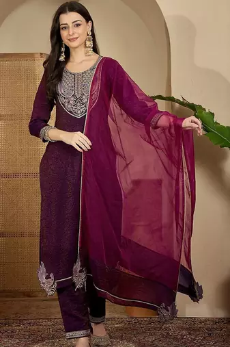 ethnic motifs yoke design sequinned straight kurta with trouser & dupatta