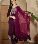 ethnic motifs yoke design sequinned straight kurta with trouser & dupatta