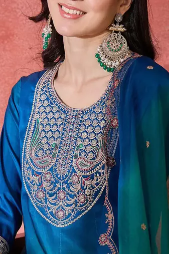 women ethnic motifs embroidered anarkali kurta with trousers & dupatta
