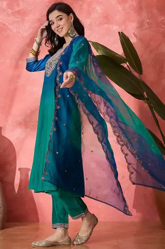 women ethnic motifs embroidered anarkali kurta with trousers & dupatta