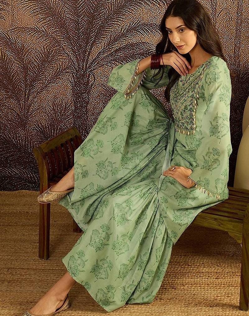 women floral embroidered regular beads and stones kurta with sharara kurta sets