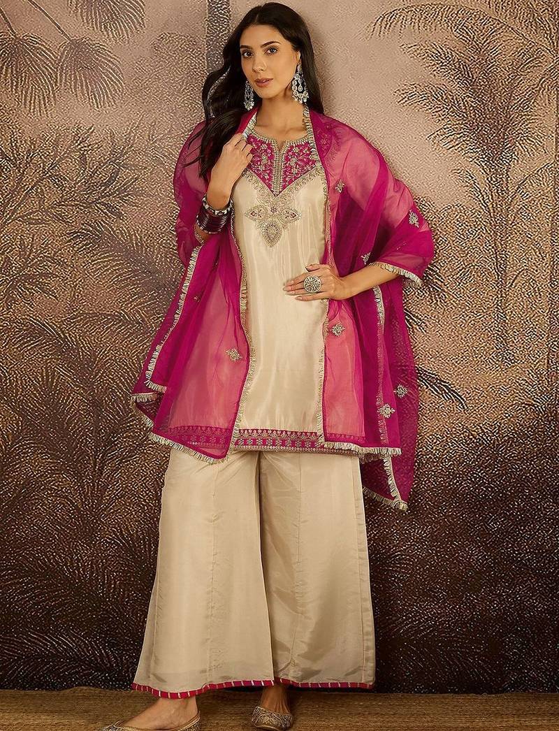 ethnic motifs embroidered straight  kurta with palazzos & dupatta