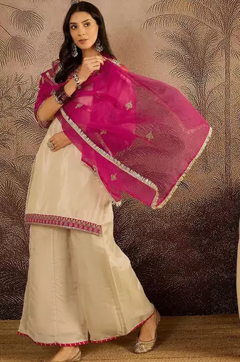 ethnic motifs embroidered straight  kurta with palazzos & dupatta