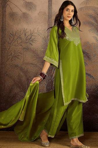 floral embroidered v-neck sequinned kurta with palazzos & dupatta