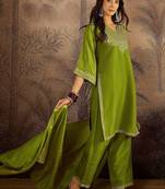 floral embroidered v-neck sequinned kurta with palazzos & dupatta