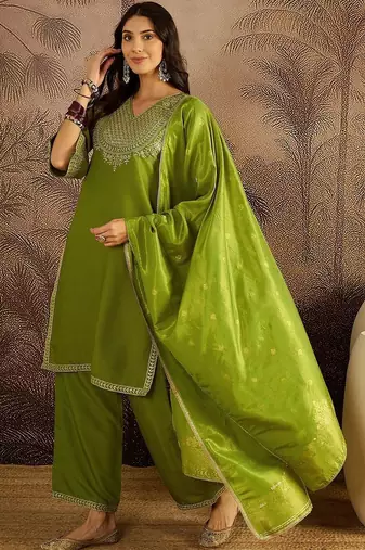 floral embroidered v-neck sequinned kurta with palazzos & dupatta