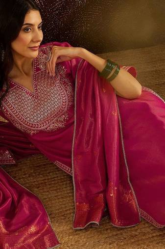 women ethnic motifs embroidered regular kurta with trousers & dupatta