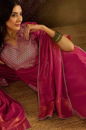 women ethnic motifs embroidered regular kurta with trousers & dupatta