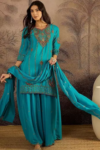 embroidered round neck kurta & palazzos with dupatta