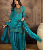 embroidered round neck kurta & palazzos with dupatta