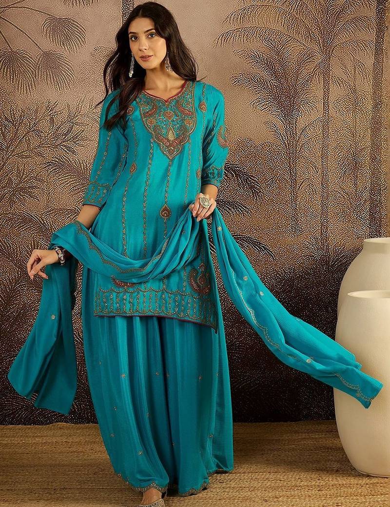 embroidered round neck kurta & palazzos with dupatta