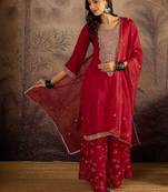embroidered round neck kurta & palazzos with dupatta