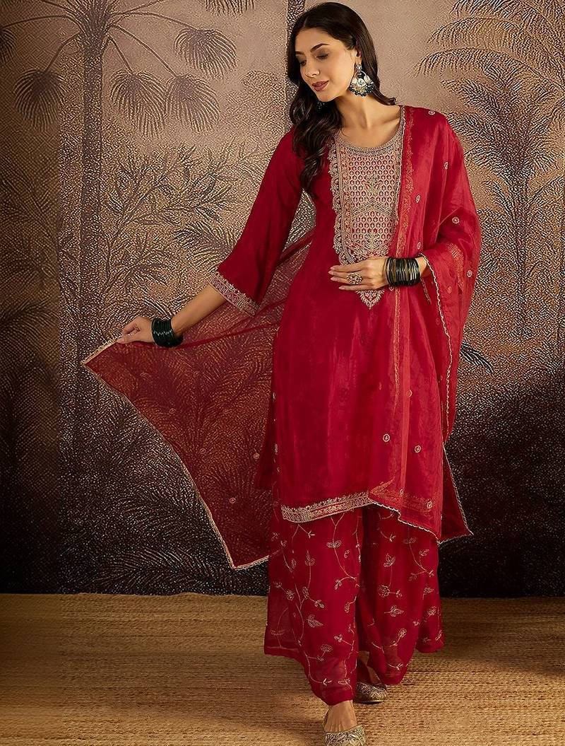 embroidered round neck kurta & palazzos with dupatta