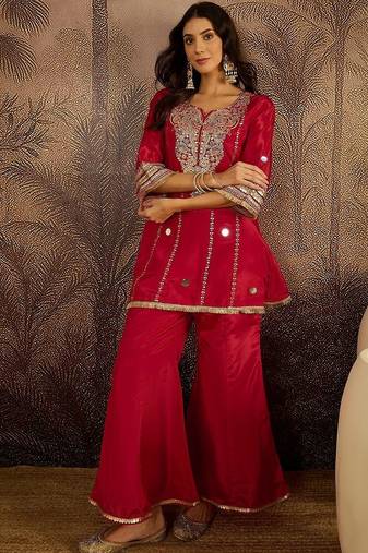 women ethnic motifs embroidered regular mirror work kurta with palazzos