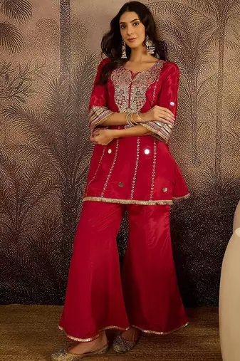 women ethnic motifs embroidered regular mirror work kurta with palazzos