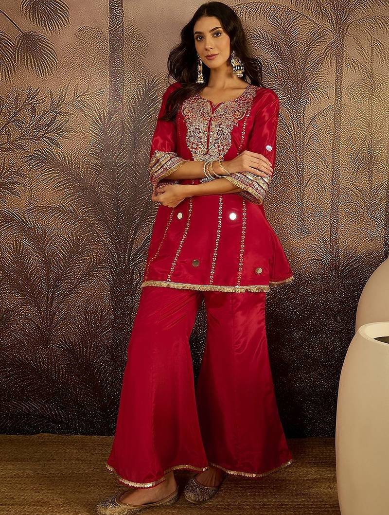 women ethnic motifs embroidered regular mirror work kurta with palazzos