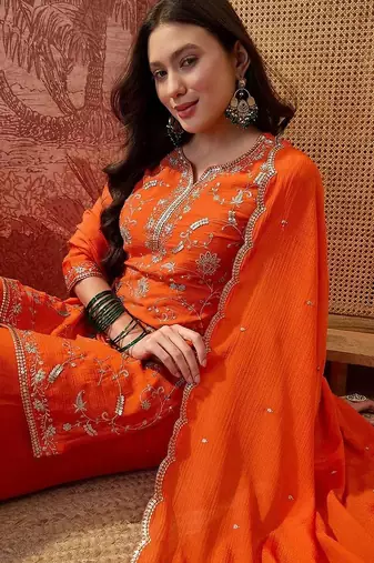 embroidered round neck kurta & palazzos kurta sets