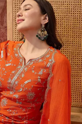 embroidered round neck kurta & palazzos kurta sets