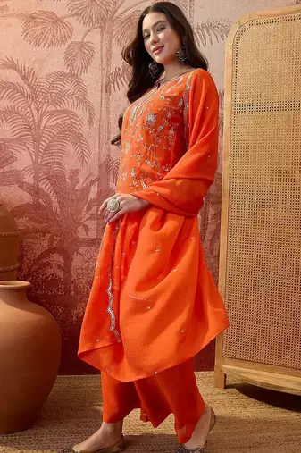 embroidered round neck kurta & palazzos kurta sets