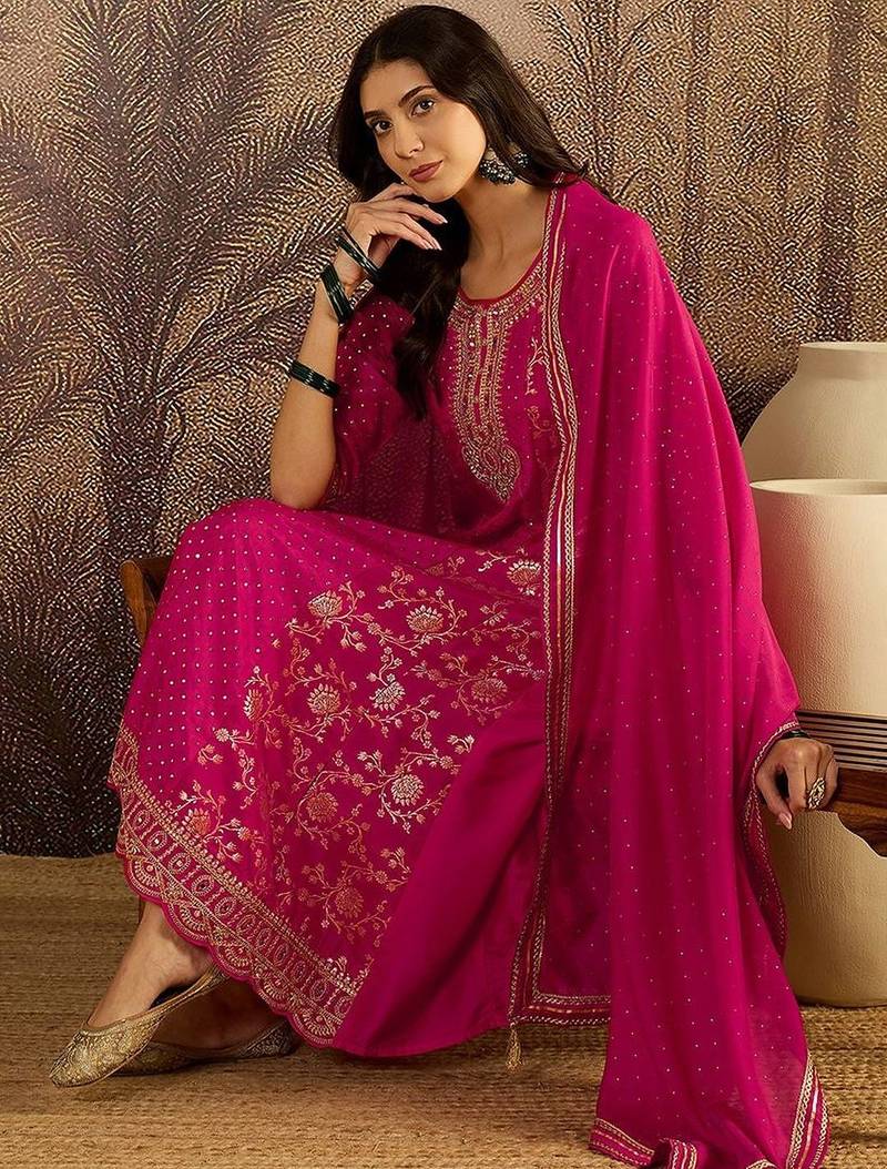 women ethnic motifs embroidered regular kurta set with dupatta