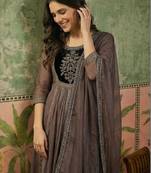 embroidered poly chiffon round neck kurta sets
