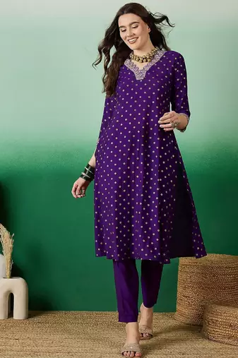 dchinon zari sequence embroidered & foil printed a-line kurta with trousers
