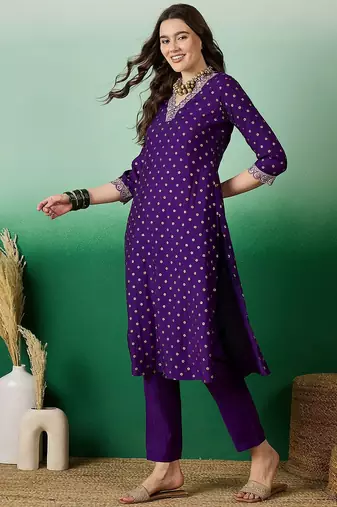 dchinon zari sequence embroidered & foil printed a-line kurta with trousers