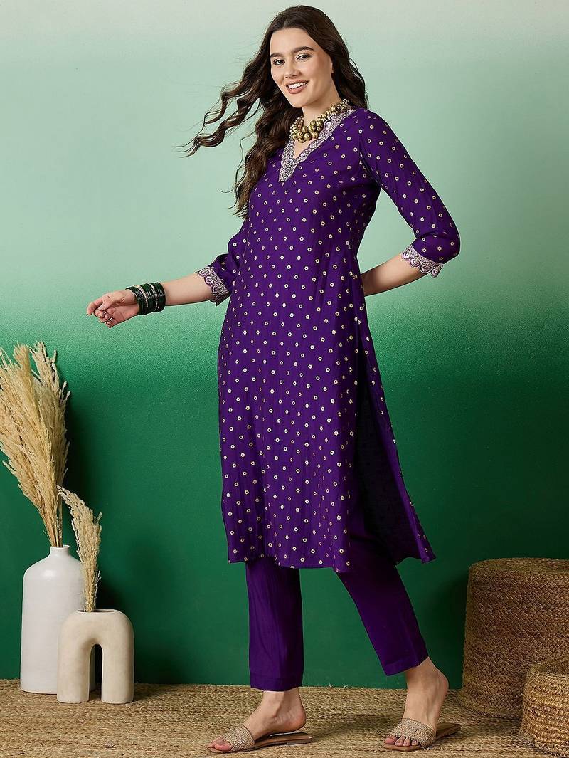 dchinon zari sequence embroidered & foil printed a-line kurta with trousers