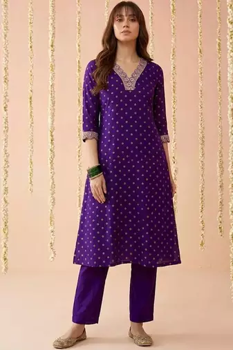 zari sequence embroidered v-neck kurta & trousers
